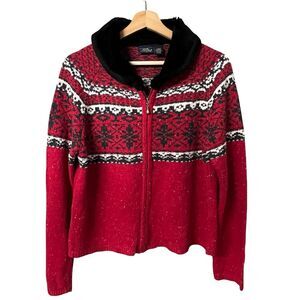 Sonoma Womens Fair Isle Zip Cardigan Sweater Size L Faux Fur Cottage Holiday